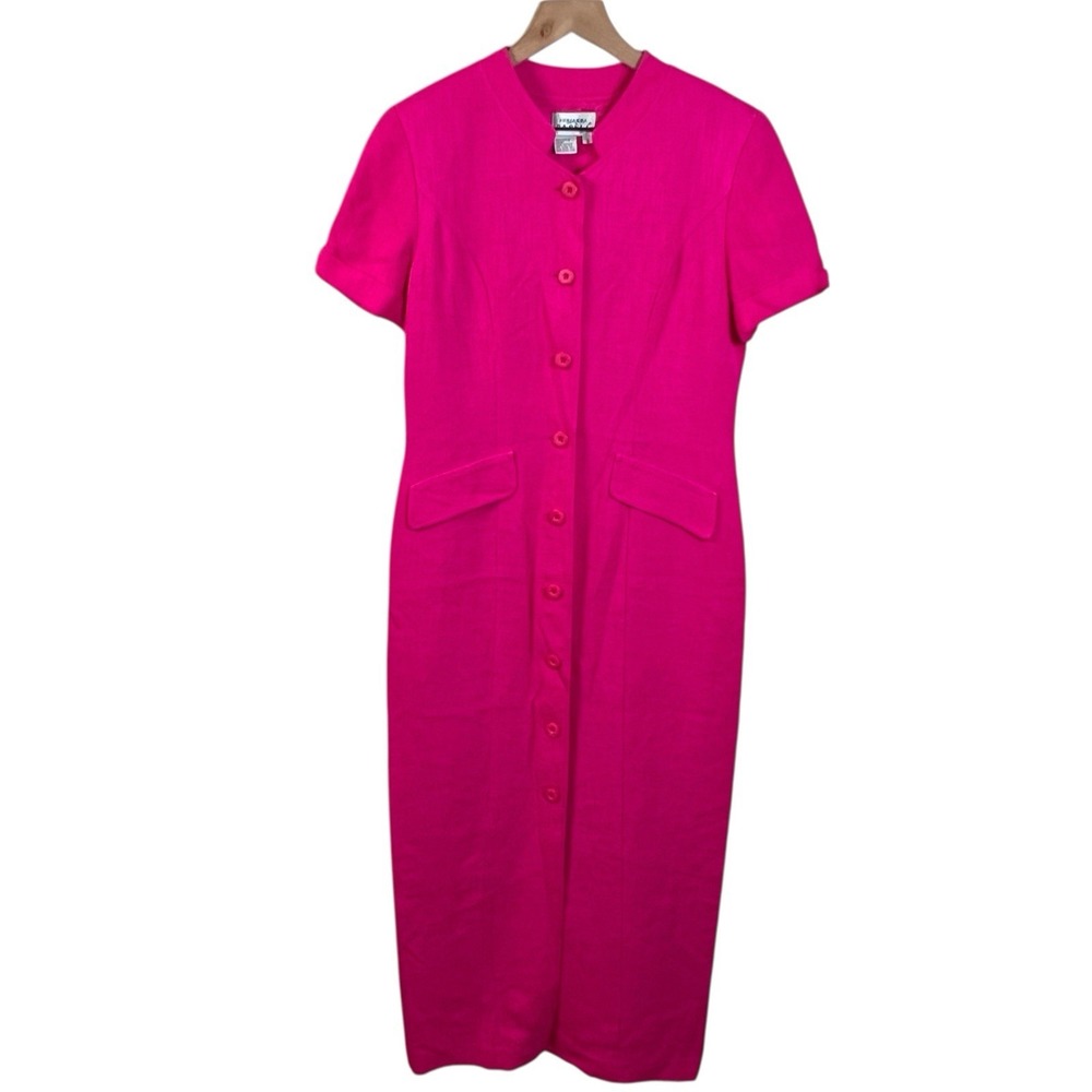 Vintage Adrianna Papell Women 8 Pink Front Button Short Sleeve Long Sheath Dress
